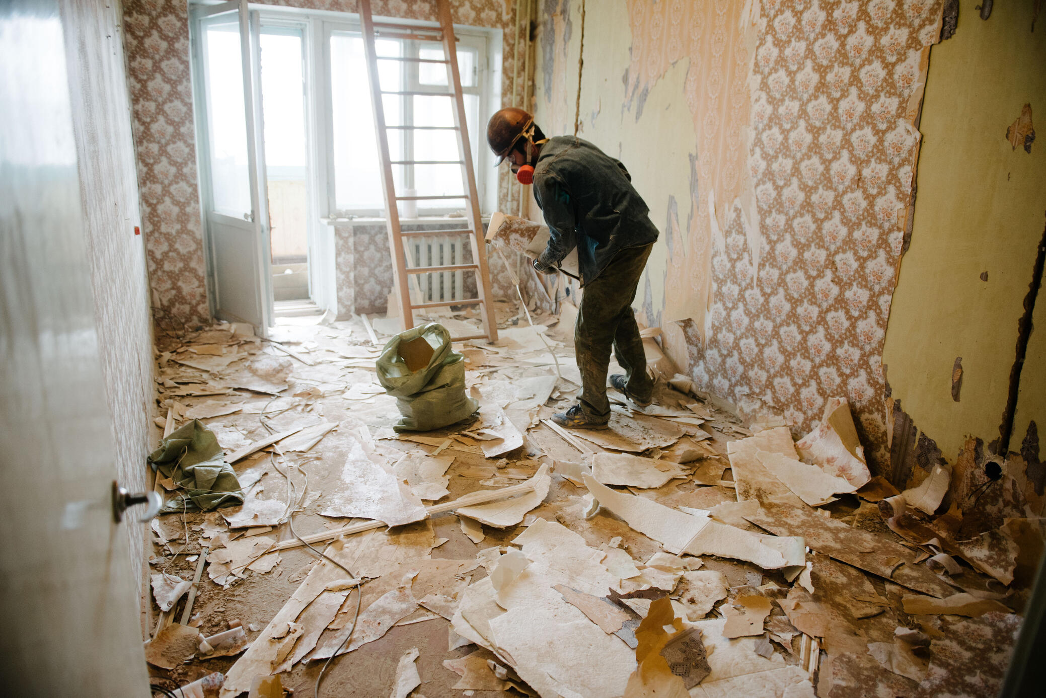 Construction debris from remodeling before extensive cleaning